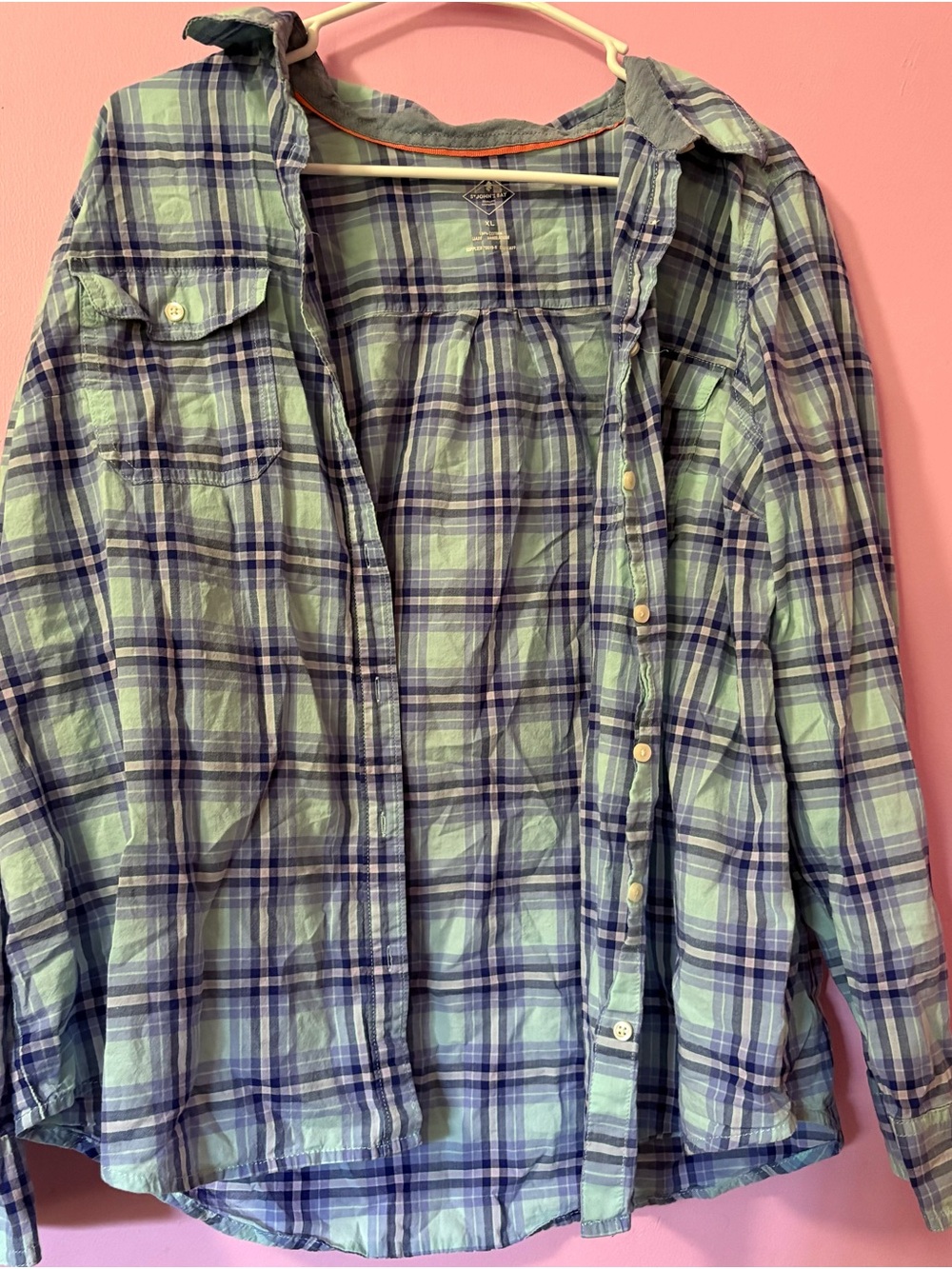 St. John's Bay Green and Blue Plaid Button-Down Shirt